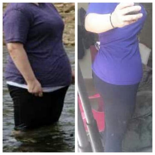 A before and after photo of a 5'3" female showing a weight reduction from 232 pounds to 180 pounds. A total loss of 52 pounds.