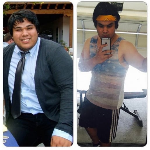 A progress pic of a 6'1" man showing a fat loss from 283 pounds to 215 pounds. A net loss of 68 pounds.