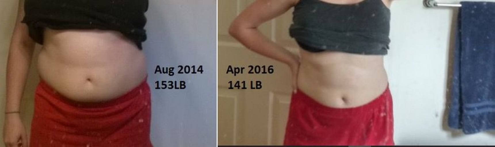 A before and after photo of a 5'5" female showing a weight reduction from 153 pounds to 141 pounds. A total loss of 12 pounds.