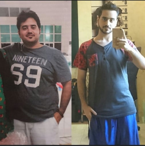A photo of a 5'4" man showing a weight cut from 209 pounds to 143 pounds. A total loss of 66 pounds.