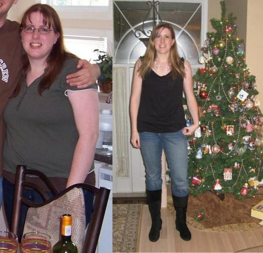 A photo of a 5'8" woman showing a weight cut from 230 pounds to 145 pounds. A total loss of 85 pounds.