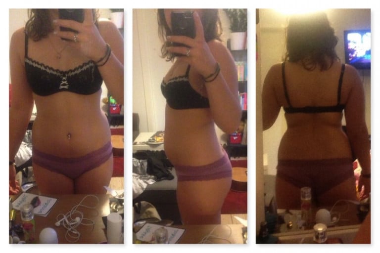 A before and after photo of a 5'2" female showing a fat loss from 148 pounds to 132 pounds. A net loss of 16 pounds.
