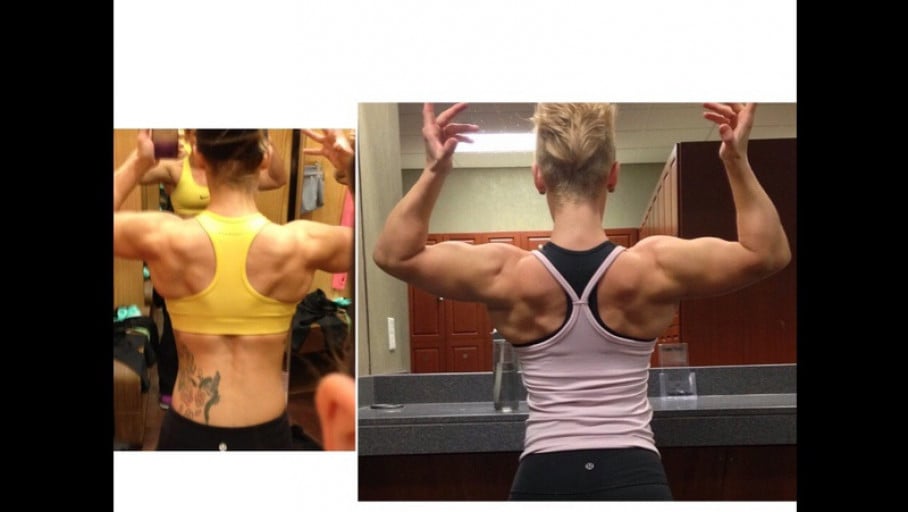 A picture of a 5'0" female showing a muscle gain from 115 pounds to 133 pounds. A total gain of 18 pounds.