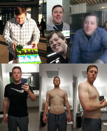 A before and after photo of a 5'11" male showing a weight reduction from 265 pounds to 165 pounds. A net loss of 100 pounds.
