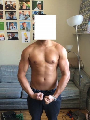 A picture of a 5'9" male showing a muscle gain from 153 pounds to 173 pounds. A total gain of 20 pounds.