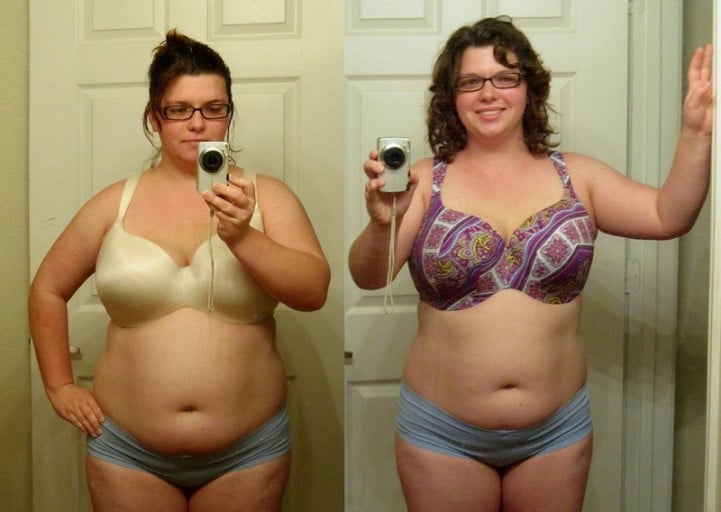 A picture of a 5'3" female showing a weight loss from 205 pounds to 190 pounds. A net loss of 15 pounds.