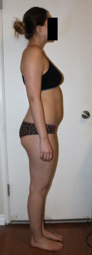 A before and after photo of a 5'8" female showing a snapshot of 147 pounds at a height of 5'8