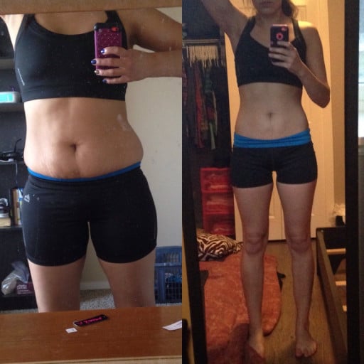 A picture of a 5'5" female showing a weight cut from 152 pounds to 125 pounds. A respectable loss of 27 pounds.