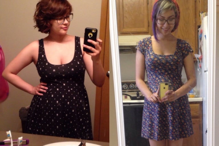 A progress pic of a 5'5" woman showing a fat loss from 167 pounds to 125 pounds. A total loss of 42 pounds.