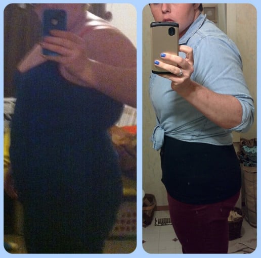 A picture of a 5'7" female showing a weight reduction from 265 pounds to 190 pounds. A total loss of 75 pounds.