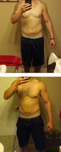 A before and after photo of a 5'7" male showing a weight reduction from 165 pounds to 153 pounds. A total loss of 12 pounds.