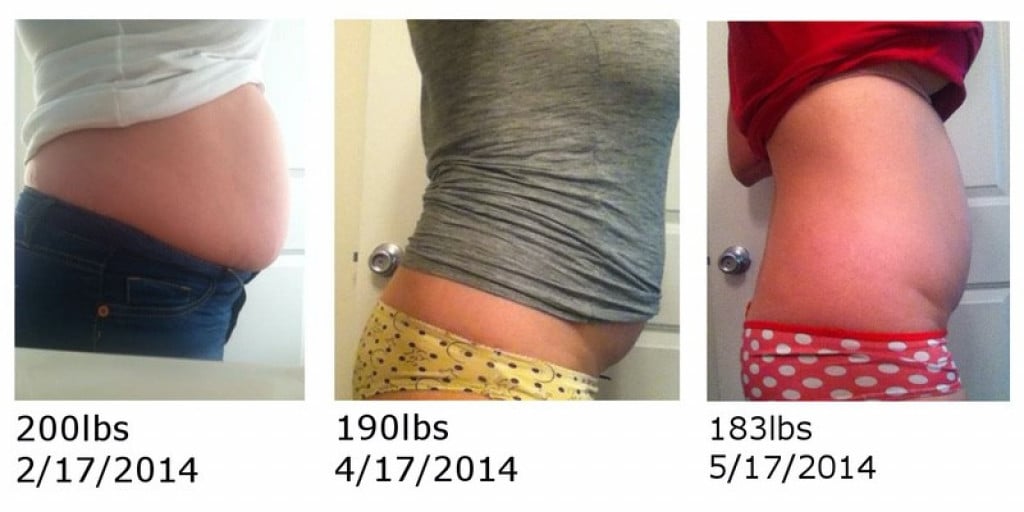A progress pic of a 5'5" woman showing a fat loss from 200 pounds to 183 pounds. A total loss of 17 pounds.