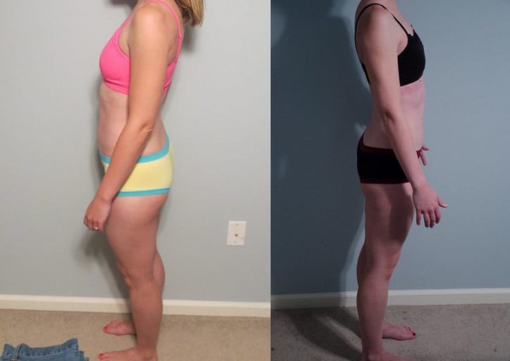 A before and after photo of a 5'5" female showing a snapshot of 119 pounds at a height of 5'5