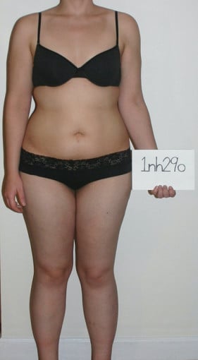 A before and after photo of a 5'6" female showing a snapshot of 166 pounds at a height of 5'6