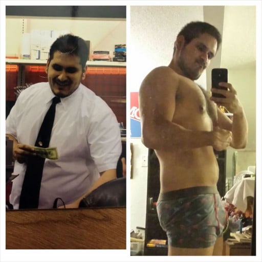 A progress pic of a 6'0" man showing a fat loss from 258 pounds to 157 pounds. A respectable loss of 101 pounds.