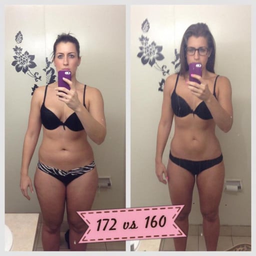 A progress pic of a 5'8" woman showing a fat loss from 172 pounds to 160 pounds. A respectable loss of 12 pounds.