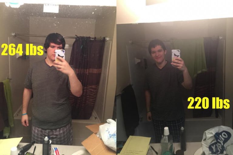 A before and after photo of a 6'2" male showing a weight reduction from 360 pounds to 220 pounds. A total loss of 140 pounds.