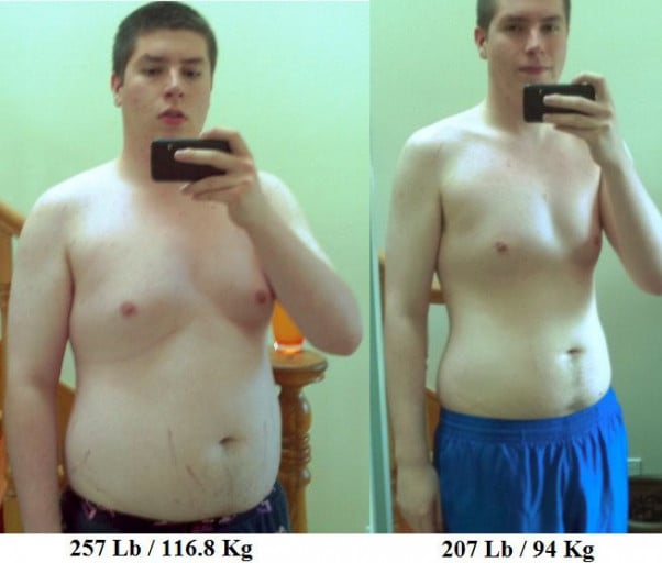 A progress pic of a 6'2" man showing a fat loss from 257 pounds to 207 pounds. A total loss of 50 pounds.