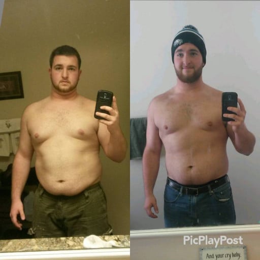 A progress pic of a 5'0" man showing a fat loss from 290 pounds to 225 pounds. A net loss of 65 pounds.
