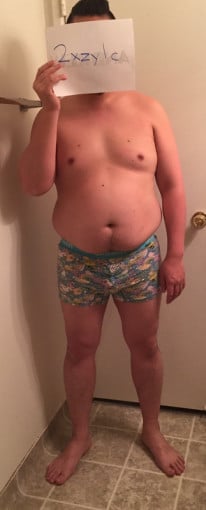 A before and after photo of a 5'8" male showing a snapshot of 208 pounds at a height of 5'8