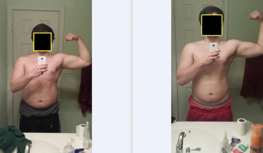 A progress pic of a 5'9" man showing a fat loss from 217 pounds to 209 pounds. A net loss of 8 pounds.