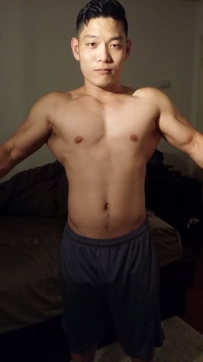 A progress pic of a 5'8" man showing a weight bulk from 164 pounds to 175 pounds. A total gain of 11 pounds.