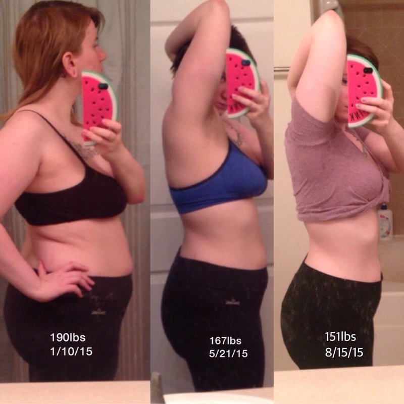 Before and After 39 lbs Fat Loss 5'3 Female 190 lbs to 151 lbs.