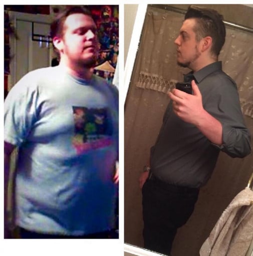 A progress pic of a 6'0" man showing a fat loss from 290 pounds to 220 pounds. A net loss of 70 pounds.