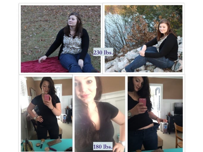 A picture of a 5'7" female showing a weight loss from 230 pounds to 180 pounds. A total loss of 50 pounds.