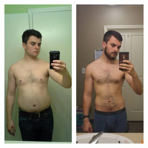 A photo of a 5'9" man showing a weight cut from 180 pounds to 150 pounds. A net loss of 30 pounds.