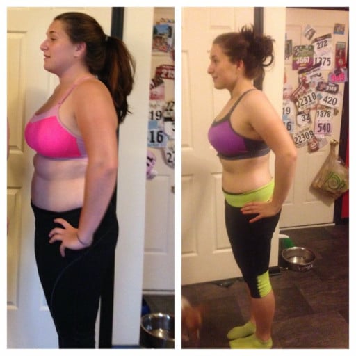 A before and after photo of a 5'3" female showing a weight loss from 181 pounds to 156 pounds. A respectable loss of 25 pounds.