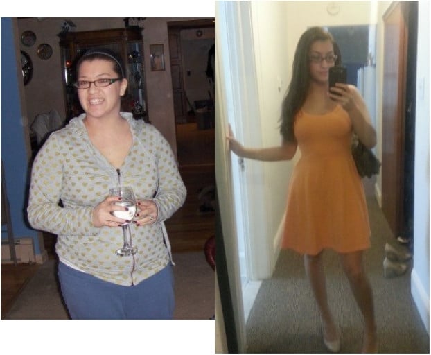 A before and after photo of a 5'3" female showing a weight cut from 180 pounds to 125 pounds. A respectable loss of 55 pounds.