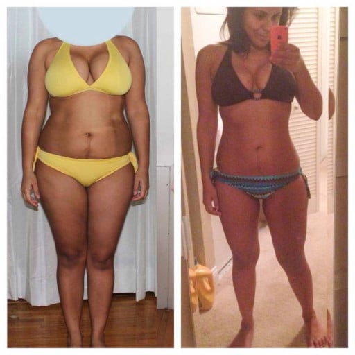 A picture of a 5'3" female showing a fat loss from 160 pounds to 128 pounds. A net loss of 32 pounds.