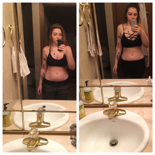 A picture of a 5'5" female showing a weight loss from 165 pounds to 150 pounds. A net loss of 15 pounds.