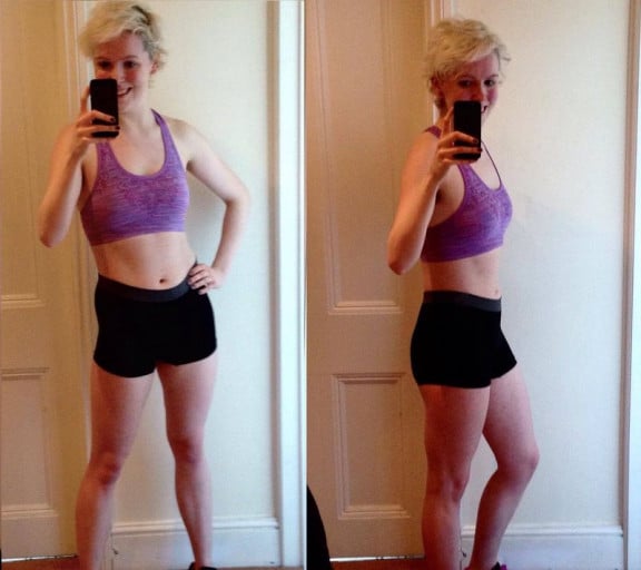 A picture of a 5'6" female showing a fat loss from 140 pounds to 117 pounds. A respectable loss of 23 pounds.