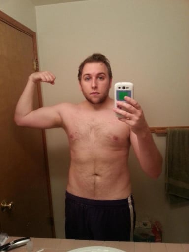 A before and after photo of a 6'0" male showing a weight loss from 245 pounds to 175 pounds. A net loss of 70 pounds.
