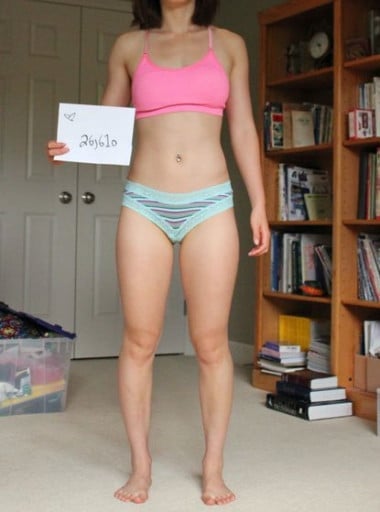A before and after photo of a 5'3" female showing a snapshot of 118 pounds at a height of 5'3