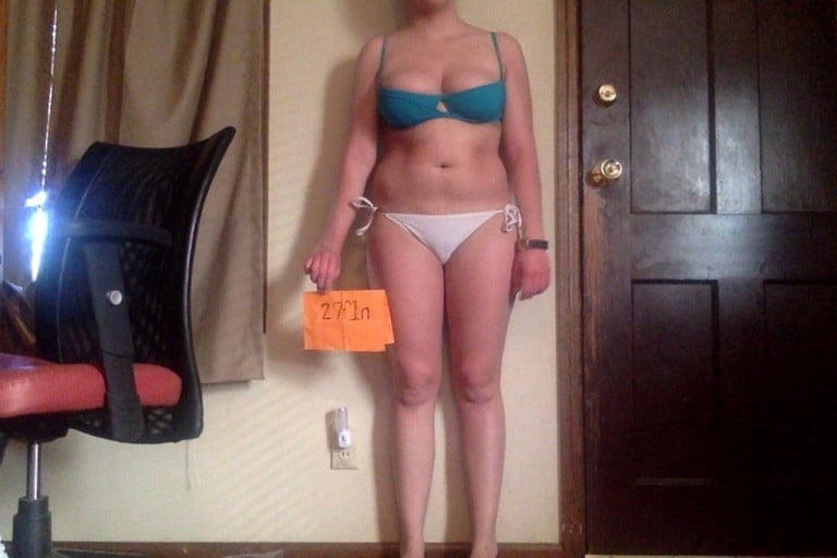 A before and after photo of a 5'3" female showing a snapshot of 141 pounds at a height of 5'3