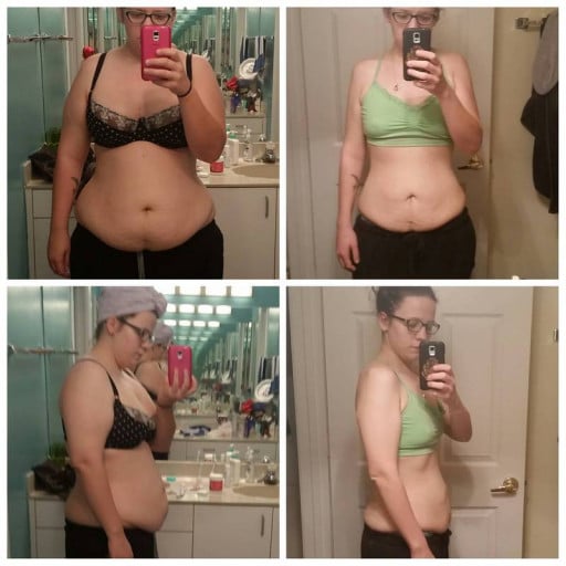 A picture of a 5'6" female showing a weight loss from 247 pounds to 172 pounds. A respectable loss of 75 pounds.