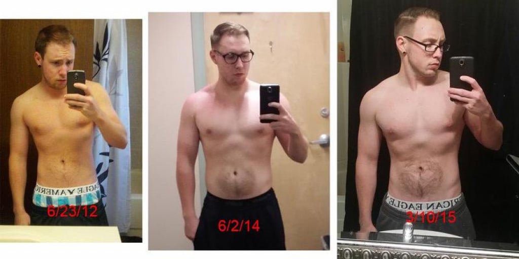 A before and after photo of a 5'7" male showing a muscle gain from 148 pounds to 171 pounds. A net gain of 23 pounds.