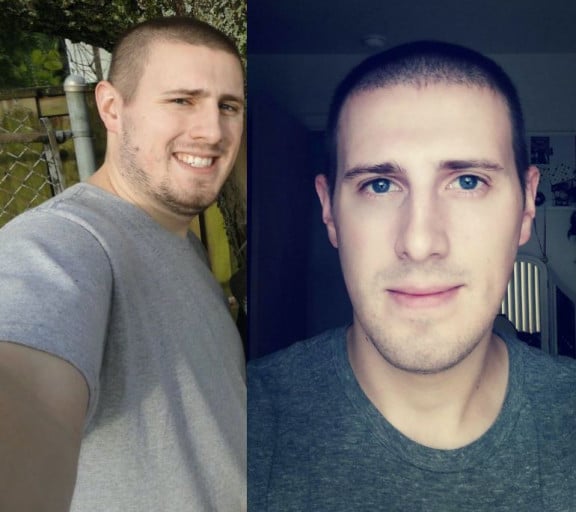 A picture of a 5'11" male showing a weight loss from 220 pounds to 175 pounds. A total loss of 45 pounds.