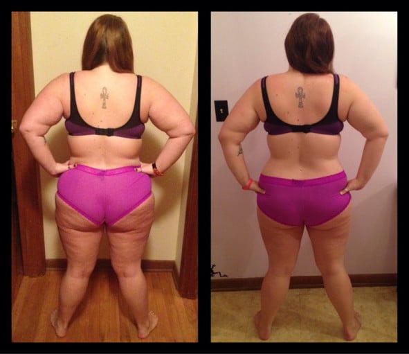 A before and after photo of a 5'3" female showing a weight reduction from 208 pounds to 198 pounds. A net loss of 10 pounds.