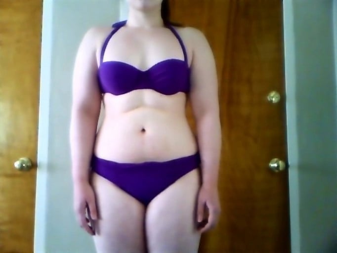 A photo of a 5'8" woman showing a fat loss from 204 pounds to 199 pounds. A total loss of 5 pounds.