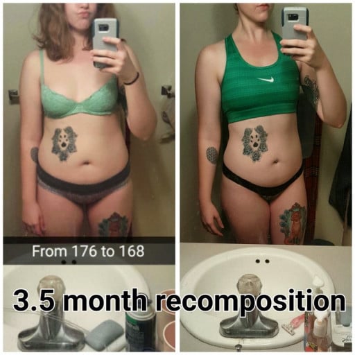 A picture of a 5'8" female showing a weight loss from 168 pounds to 165 pounds. A net loss of 3 pounds.