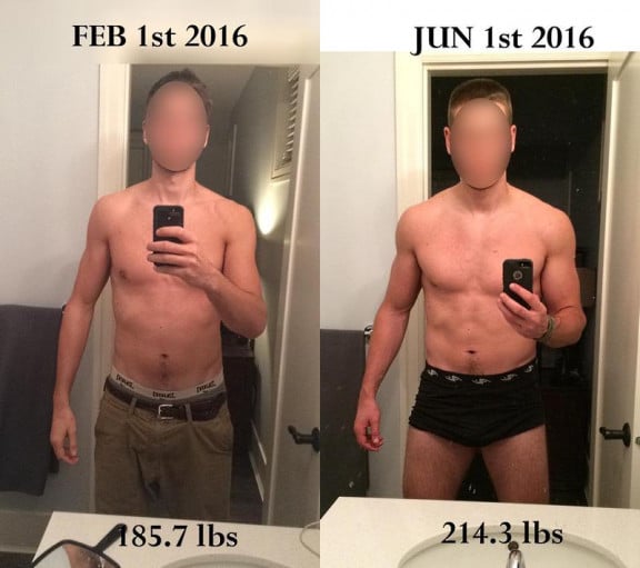 A before and after photo of a 6'4" male showing a weight gain from 185 pounds to 214 pounds. A respectable gain of 29 pounds.