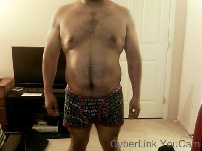 A before and after photo of a 5'7" male showing a snapshot of 217 pounds at a height of 5'7