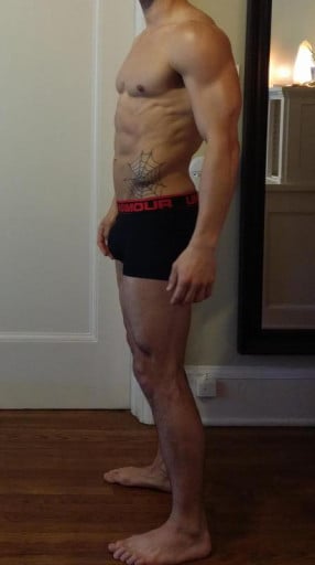 A photo of a 5'8" man showing a snapshot of 165 pounds at a height of 5'8