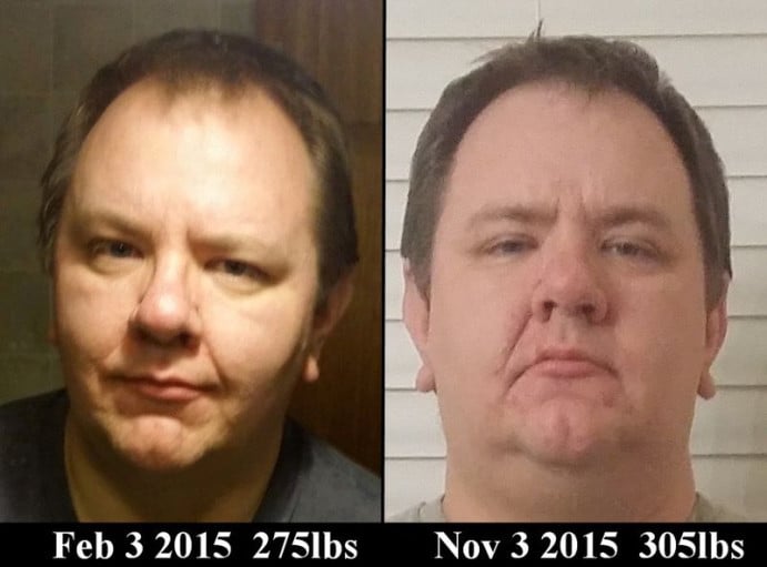 A progress pic of a 5'9" man showing a fat loss from 305 pounds to 275 pounds. A respectable loss of 30 pounds.