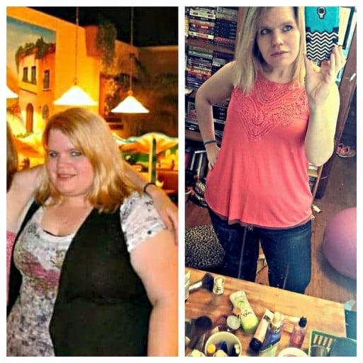 A before and after photo of a 5'3" female showing a weight reduction from 320 pounds to 185 pounds. A net loss of 135 pounds.