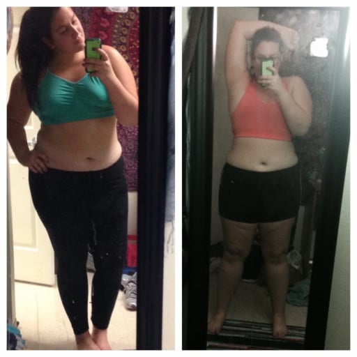 A progress pic of a 5'7" woman showing a fat loss from 230 pounds to 215 pounds. A net loss of 15 pounds.